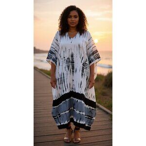 Gypsie Blu Women Black & White Tie Dye Long Kaftan Dress Plus Size Kimono Maxi